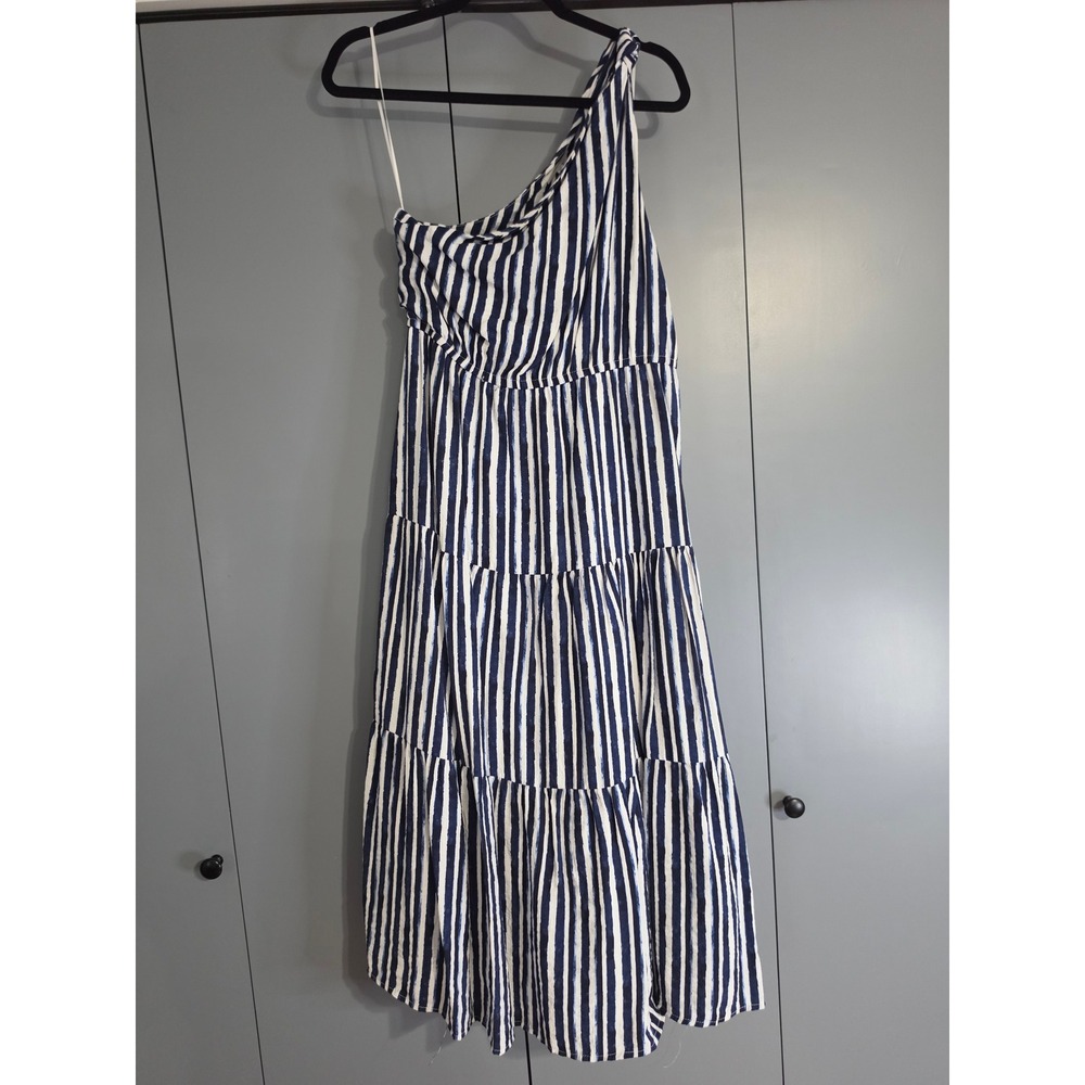 Excellent Maurices One Shoulder Maxi Dress Small Navy Blue White Striped Tiered
